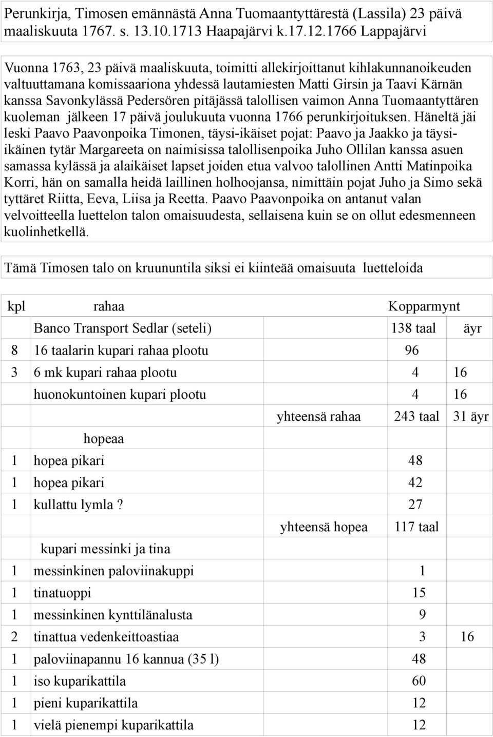 Pedersören pitäjässä talollisen vaimon Anna Tuomaantyttären kuoleman jälkeen 17 päivä joulukuuta vuonna 1766 perunkirjoituksen.