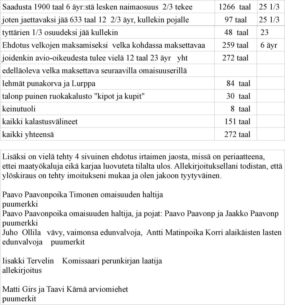 lehmät punakorva ja Lurppa 84 taal talonp puinen ruokakalusto "kipot ja kupit" 30 taal keinutuoli 8 taal kaikki kalastusvälineet 151 taal kaikki yhteensä 272 taal Lisäksi on vielä tehty 4 sivuinen