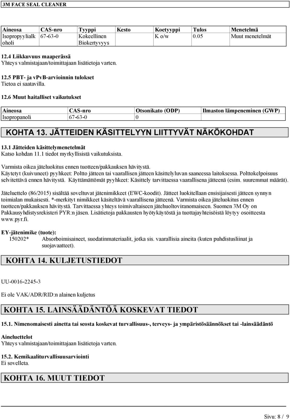 6 Muut haitalliset vaikutukset Aineosa CAS-nro Otsonikato (ODP) Ilmaston lämpeneminen (GWP) Isopropanoli 67-63-0 0 KOHTA 13. JÄTTEIDEN KÄSITTELYYN LIITTYVÄT NÄKÖKOHDAT 13.