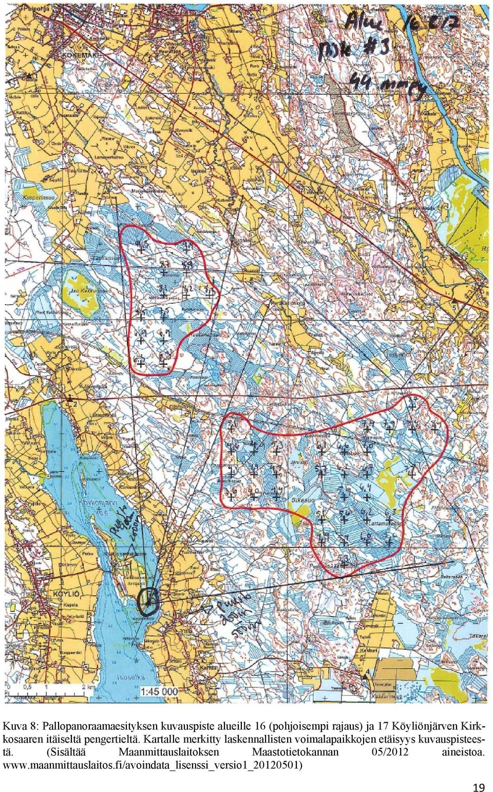 Kartalle merkitty laskennallisten voimalapaikkojen etäisyys kuvauspisteestä.