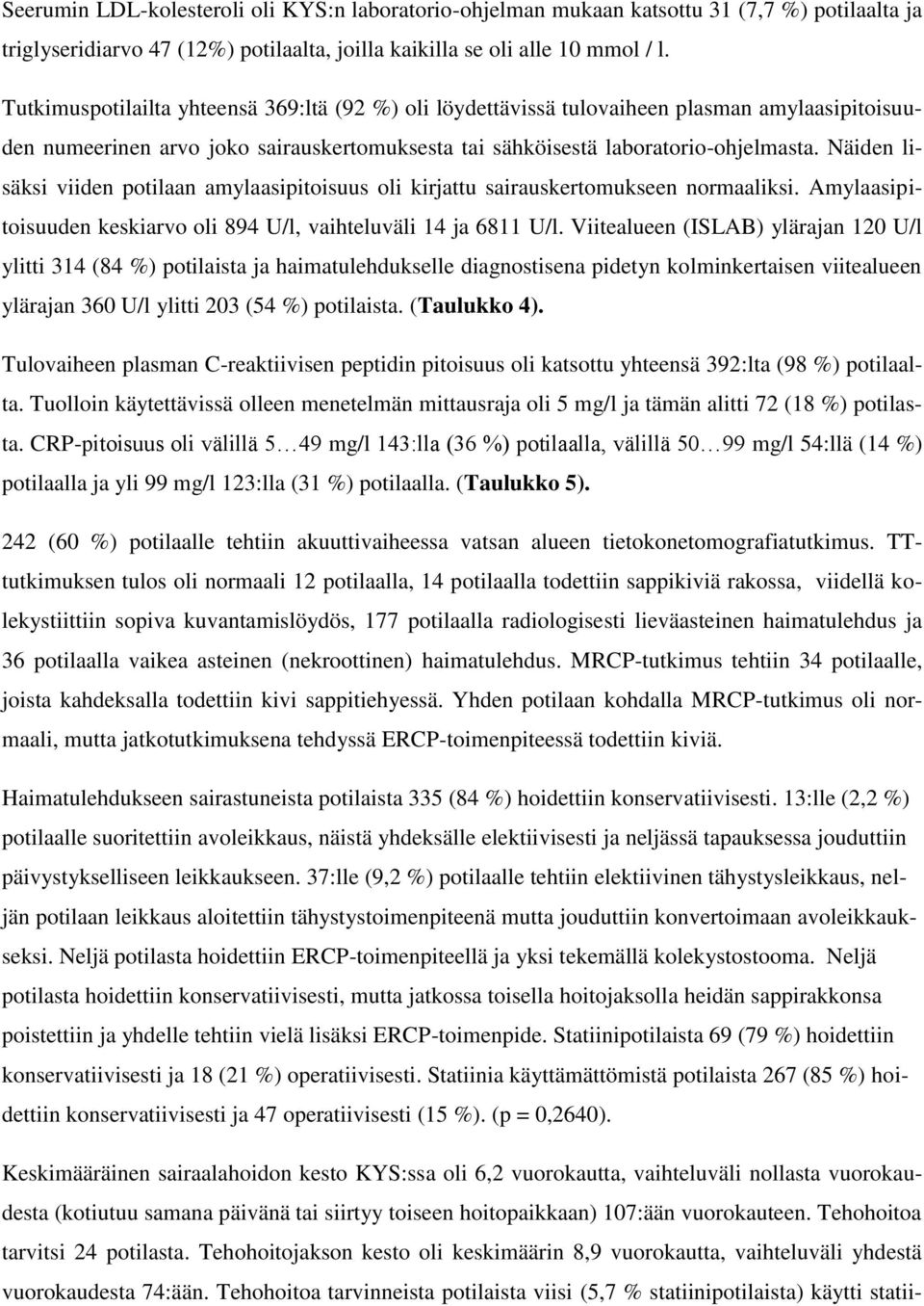 Näiden lisäksi viiden potilaan amylaasipitoisuus oli kirjattu sairauskertomukseen normaaliksi. Amylaasipitoisuuden keskiarvo oli 894 U/l, vaihteluväli 14 ja 6811 U/l.