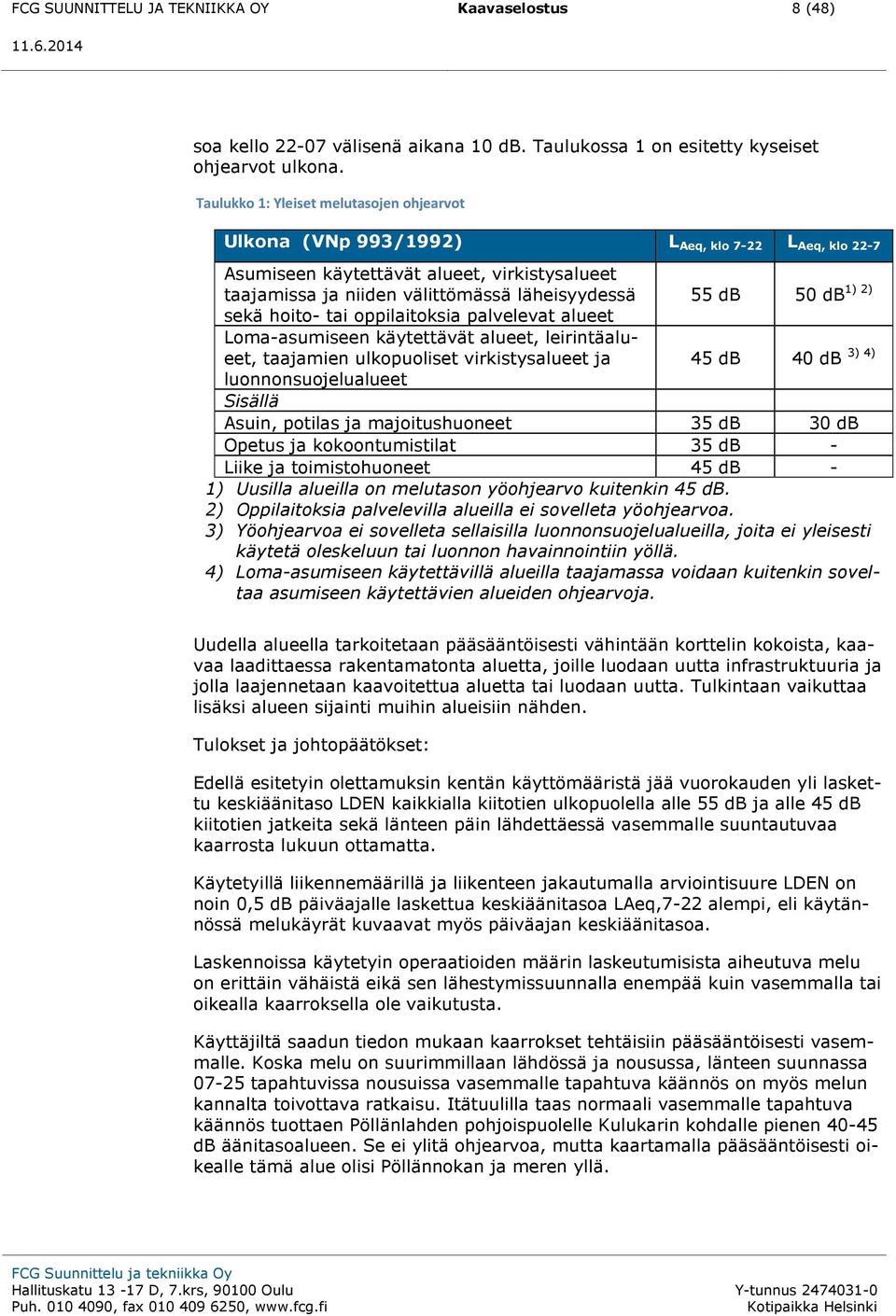 hoito- tai oppilaitoksia palvelevat alueet Loma-asumiseen käytettävät alueet, leirintäalueet, taajamien ulkopuoliset virkistysalueet ja luonnonsuojelualueet 1) 2) 55 db 50 db 45 db 40 db Sisällä