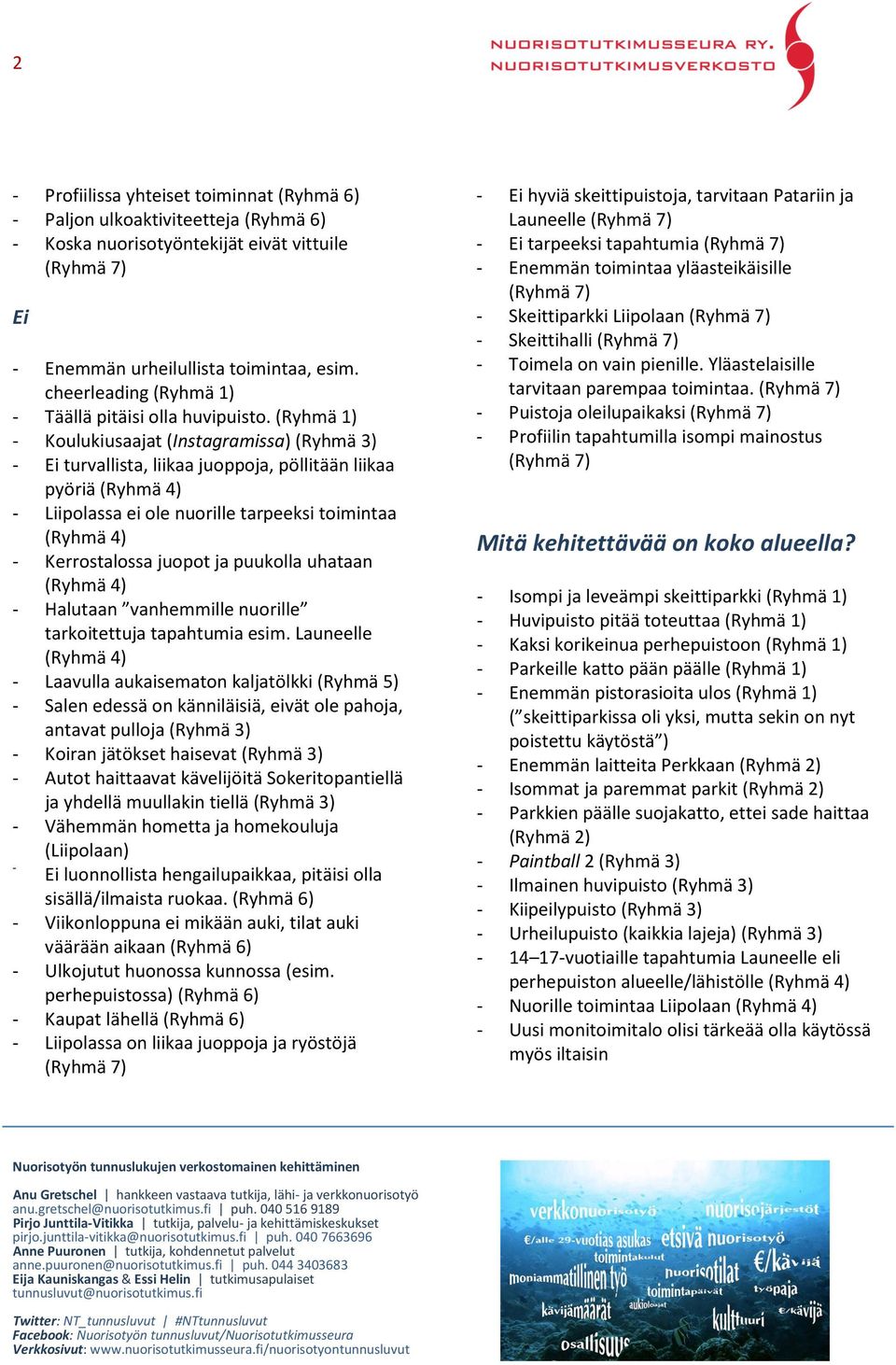 (Ryhmä 1) - Koulukiusaajat (Instagramissa) (Ryhmä 3) - Ei turvallista, liikaa juoppoja, pöllitään liikaa pyöriä (Ryhmä 4) - Liipolassa ei ole nuorille tarpeeksi toimintaa (Ryhmä 4) - Kerrostalossa