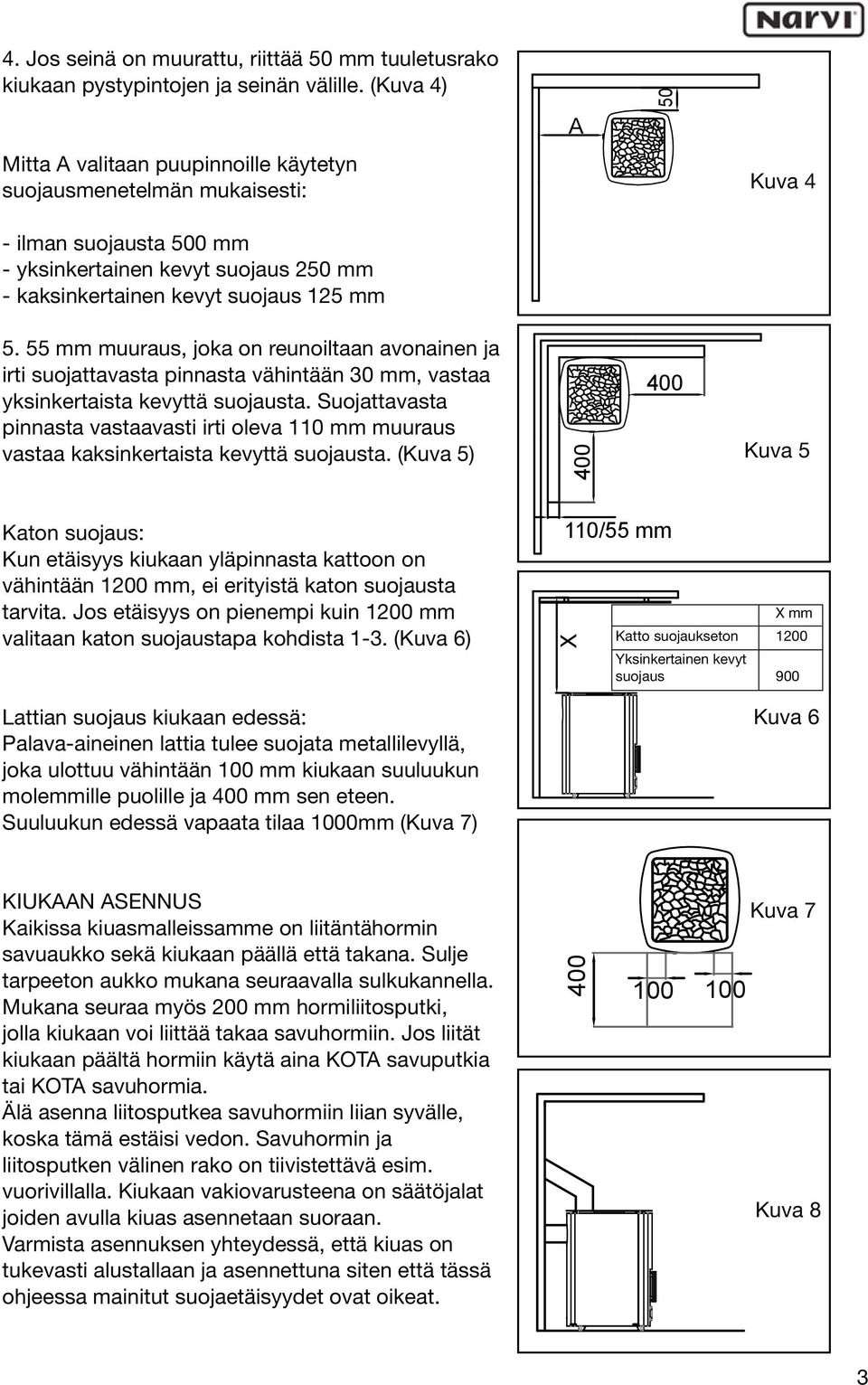 55 mm muuraus, joka on reunoiltaan avonainen ja irti suojattavasta pinnasta vähintään 30 mm, vastaa yksinkertaista kevyttä suojausta.