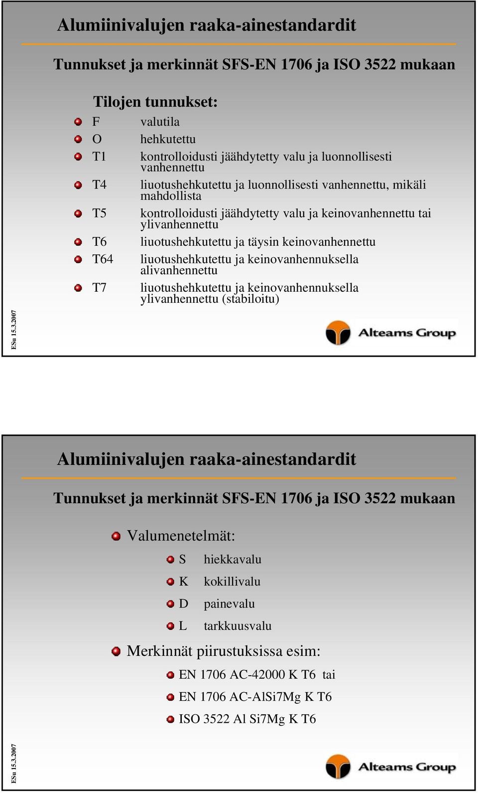 keinovanhennettu T64 liuotushehkutettu ja keinovanhennuksella alivanhennettu T7 liuotushehkutettu ja keinovanhennuksella ylivanhennettu (stabiloitu) Tunnukset ja merkinnät SFS-EN