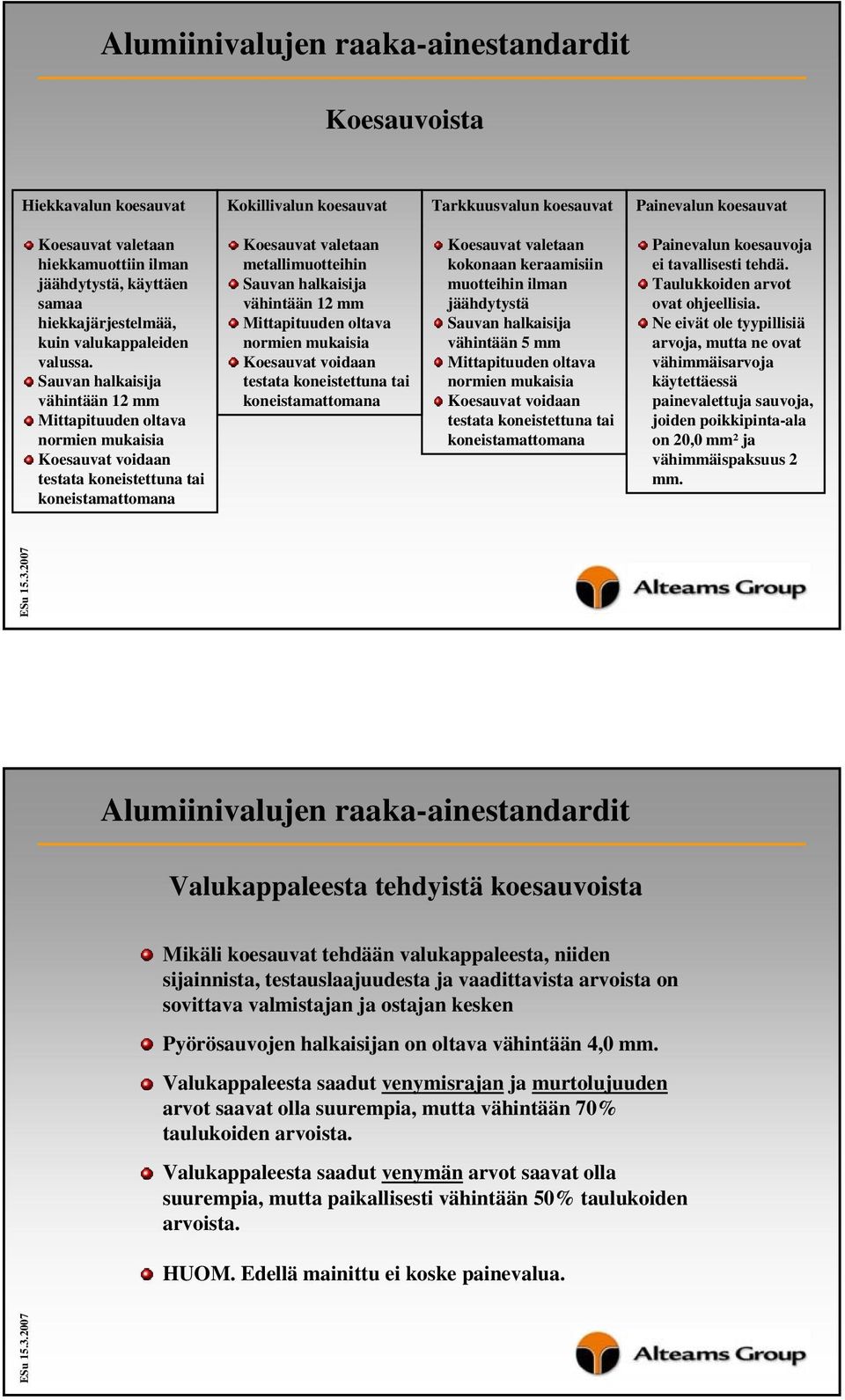 Sauvan halkaisija vähintään 12 mm Mittapituuden oltava normien mukaisia Koesauvat voidaan testata koneistettuna tai koneistamattomana Koesauvat valetaan metallimuotteihin Sauvan halkaisija vähintään