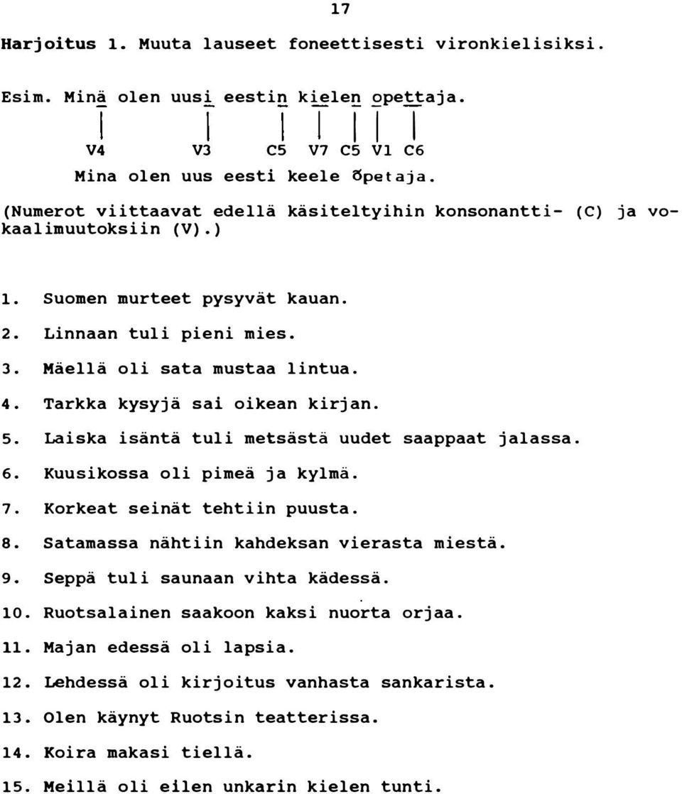 Tarkka kysyjä sai oikean kirjan. 5. Laiska isäntä tuli metsästä uudet saappaat jalassa. 6. Kuusikassa oli pimeä ja kylmä. 7. Korkeat seinät tehtiin puusta. 8.