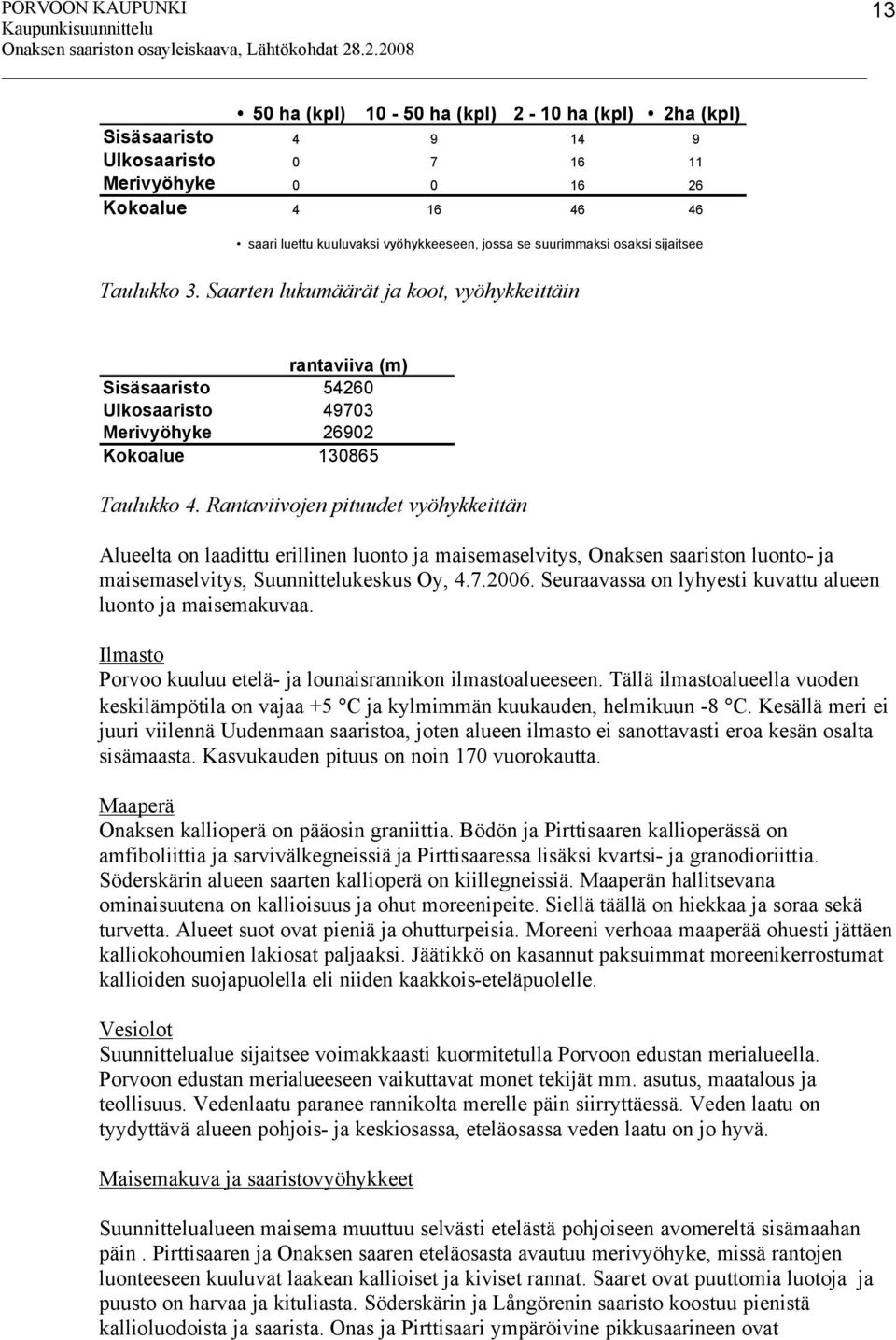 Rantaviivojen pituudet vyöhykkeittän Alueelta on laadittu erillinen luonto ja maisemaselvitys, Onaksen saariston luonto- ja maisemaselvitys, Suunnittelukeskus Oy, 4.7.2006.