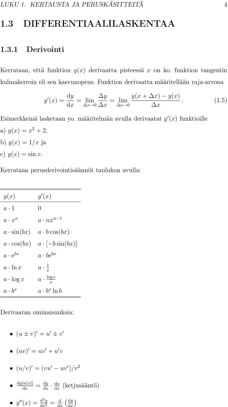 määritelmän avulla derivaatat y (x) funktioille a) y(x) = x 2 + 2, b) y(x) = 1/x ja c) y(x) = sin x.