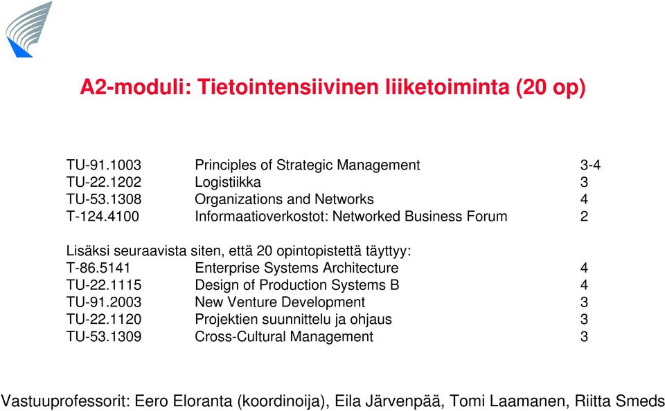 4100 Informaatioverkostot: Networked Business Forum 2 Lisäksi seuraavista siten, että 20 opintopistettä täyttyy: T-86.