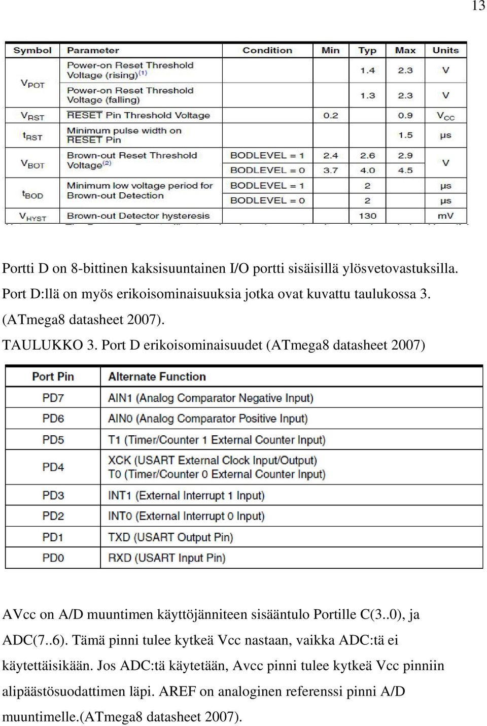 Port D erikoisominaisuudet (ATmega8 datasheet 2007) AVcc on A/D muuntimen käyttöjänniteen sisääntulo Portille C(3..0), ja ADC(7..6).