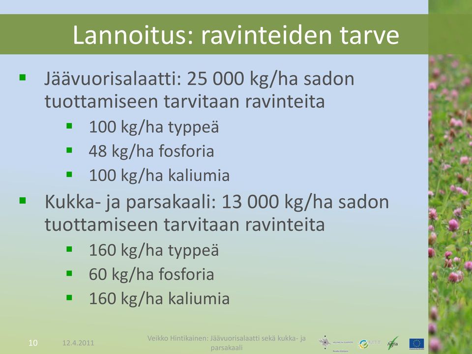 100 kg/ha kaliumia Kukka- ja : 13 000 kg/ha sadon tuottamiseen