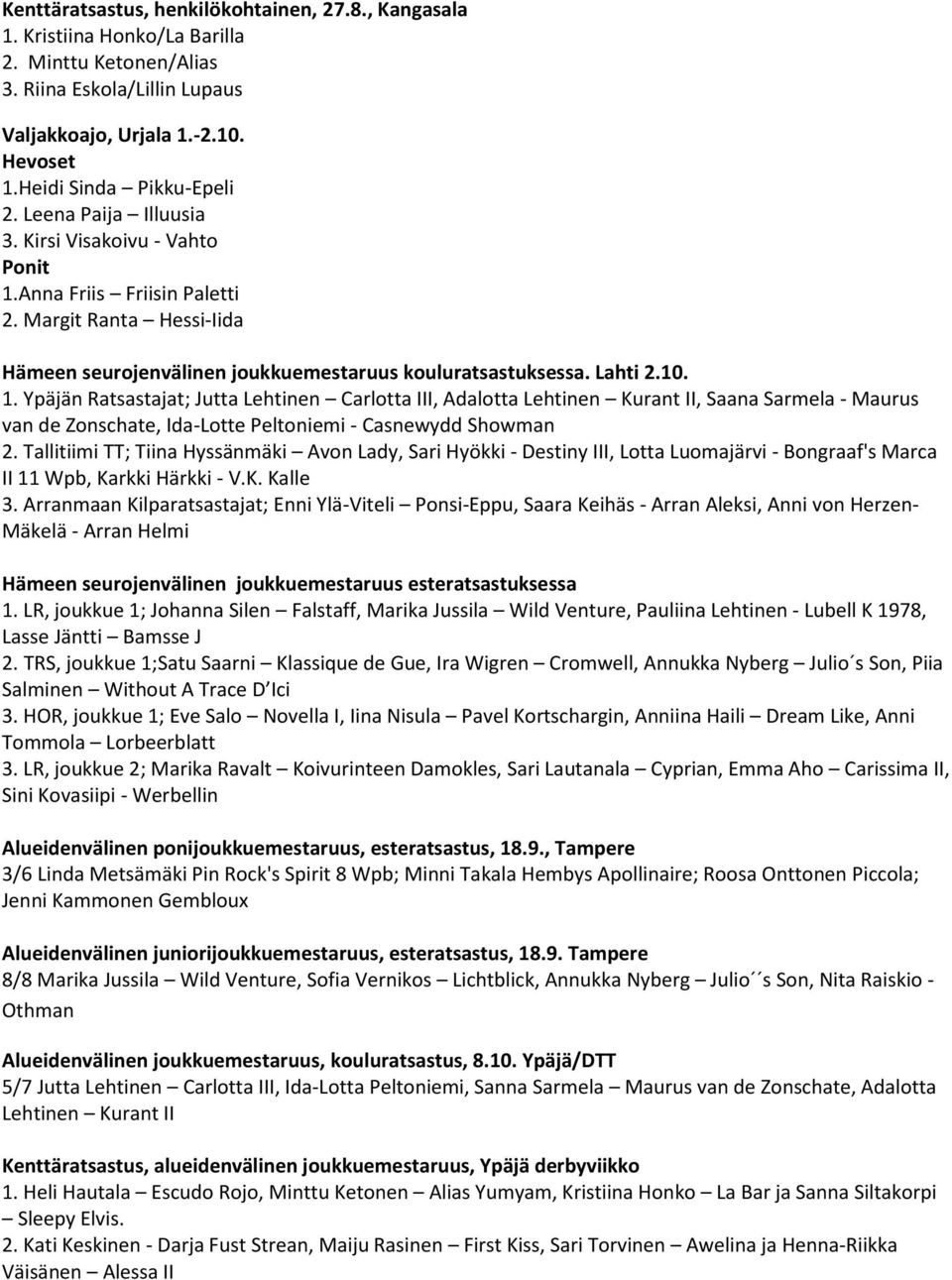 Lahti 2.10. 1. Ypäjän Ratsastajat; Jutta Lehtinen Carlotta III, Adalotta Lehtinen Kurant II, Saana Sarmela - Maurus van de Zonschate, Ida-Lotte Peltoniemi - Casnewydd Showman 2.