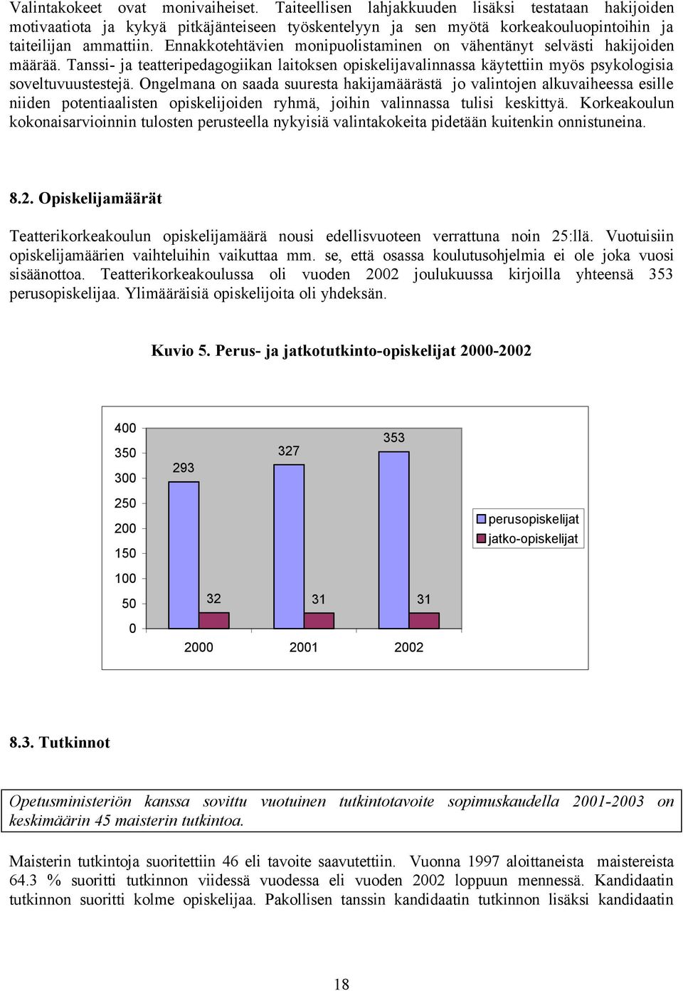 Ennakkotehtävien monipuolistaminen on vähentänyt selvästi hakijoiden määrää. Tanssi- ja teatteripedagogiikan laitoksen opiskelijavalinnassa käytettiin myös psykologisia soveltuvuustestejä.