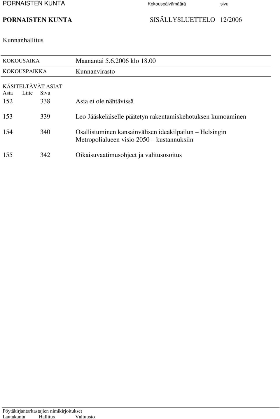 339 Leo Jääskeläiselle päätetyn rakentamiskehotuksen kumoaminen 154 340 Osallistuminen kansainvälisen