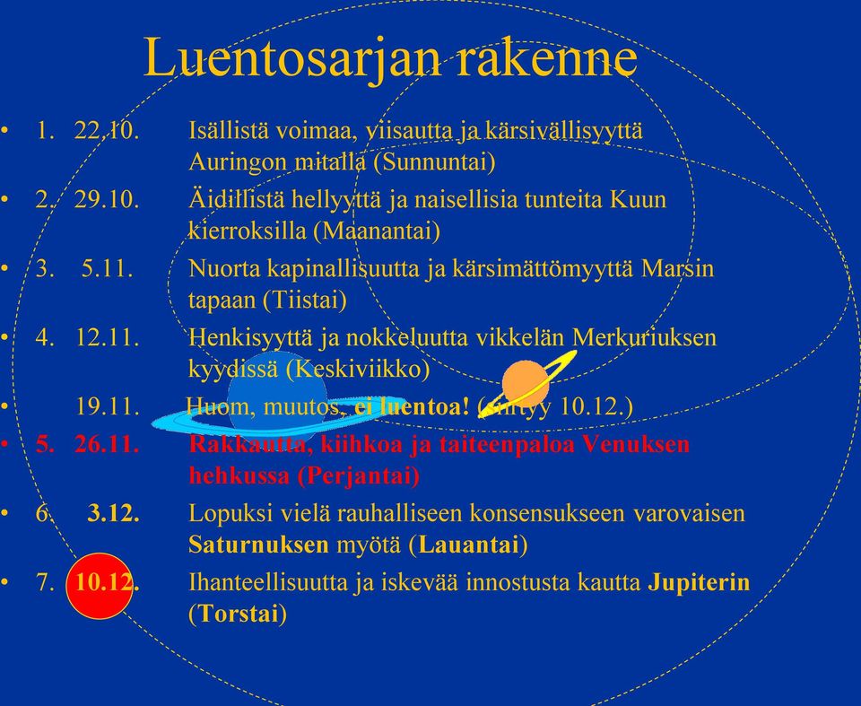 (siirtyy 10.12.) 5. 26.11. Rakkautta, kiihkoa ja taiteenpaloa Venuksen hehkussa (Perjantai) 6. 3.12. Lopuksi vielä rauhalliseen konsensukseen varovaisen Saturnuksen myötä (Lauantai) 7.