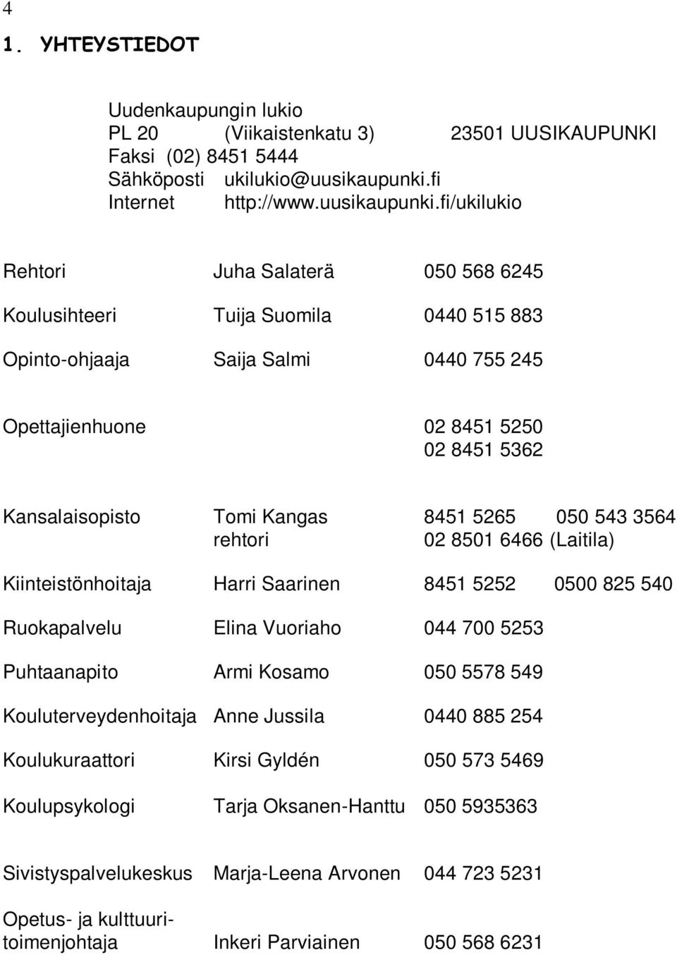 fi/ukilukio Rehtori Juha Salaterä 050 568 6245 Koulusihteeri Tuija Suomila 0440 515 883 Opinto-ohjaaja Saija Salmi 0440 755 245 Opettajienhuone 02 8451 5250 02 8451 5362 Kansalaisopisto Tomi Kangas