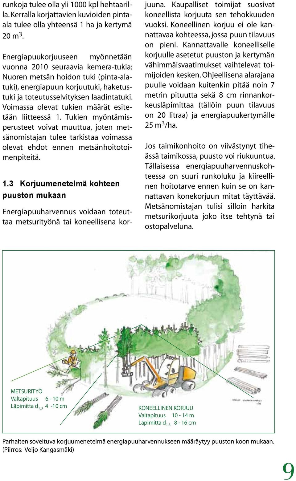 Voimassa olevat tukien määrät esitetään liitteessä 1. Tukien myöntämisperusteet voivat muuttua, joten metsänomistajan tulee tarkistaa voimassa olevat ehdot ennen metsänhoitotoimenpiteitä. 1.3 Korjuumenetelmä kohteen puuston mukaan Energiapuuharvennus voidaan toteuttaa metsurityönä tai koneellisena kor- juuna.