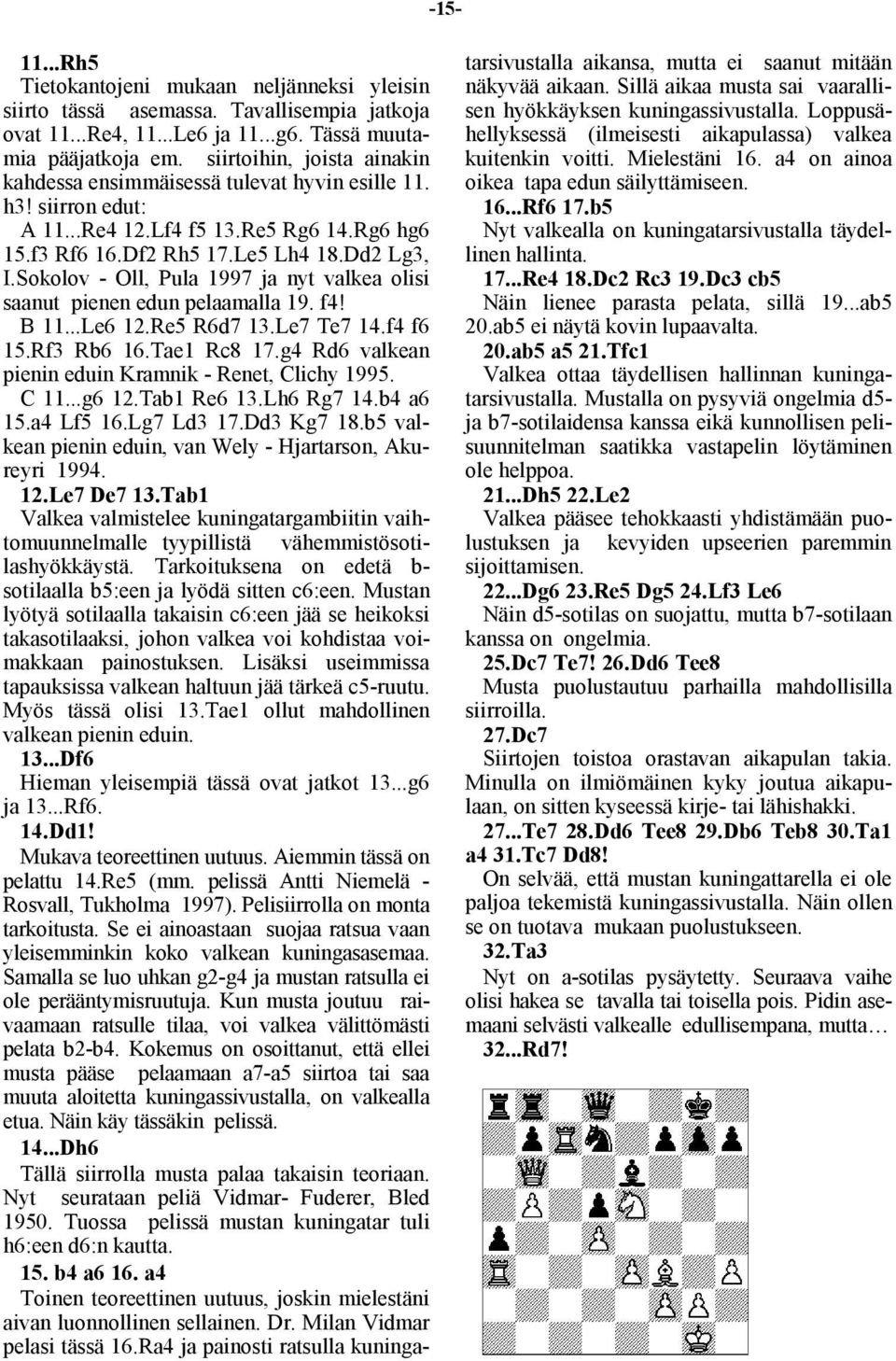 Sokolov - Oll, Pula 1997 ja nyt valkea olisi saanut pienen edun pelaamalla 19. f4! B 11...Le6 12.Re5 R6d7 13.Le7 Te7 14.f4 f6 15.Rf3 Rb6 16.Tae1 Rc8 17.