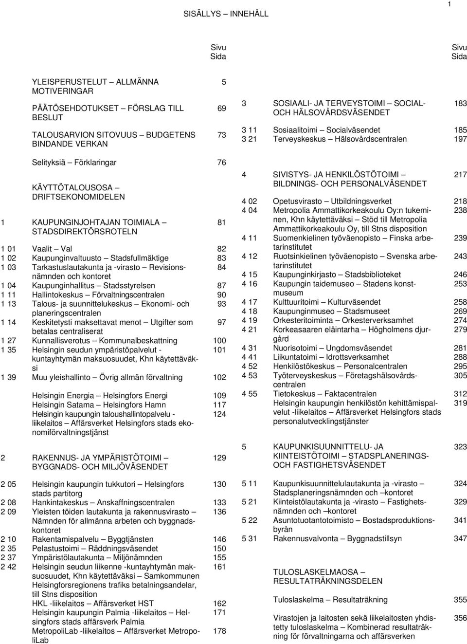 TOIMIALA STADSDIREKTÖRSROTELN 1 01 Vaalit Val 82 1 02 Kaupunginvaltuusto Stadsfullmäktige 83 1 03 Tarkastuslautakunta ja -virasto Revisionsnämnden 84 och kontoret 1 04 Kaupunginhallitus