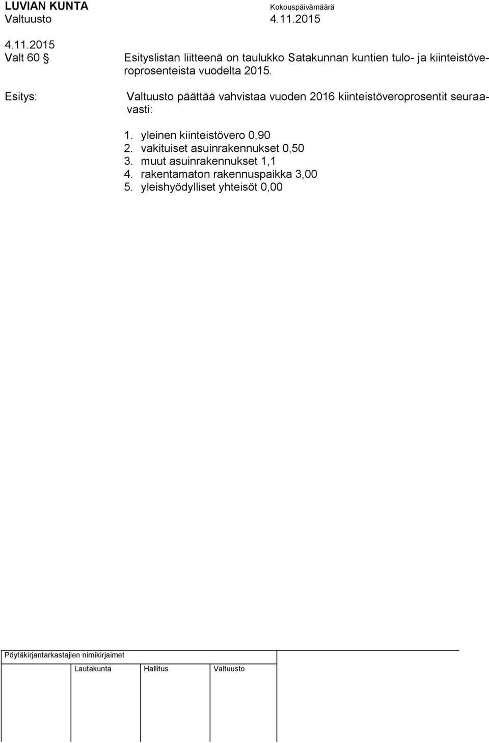 Valtuusto päättää vahvistaa vuoden 2016 kiinteistöveroprosentit seuraavasti: 1.