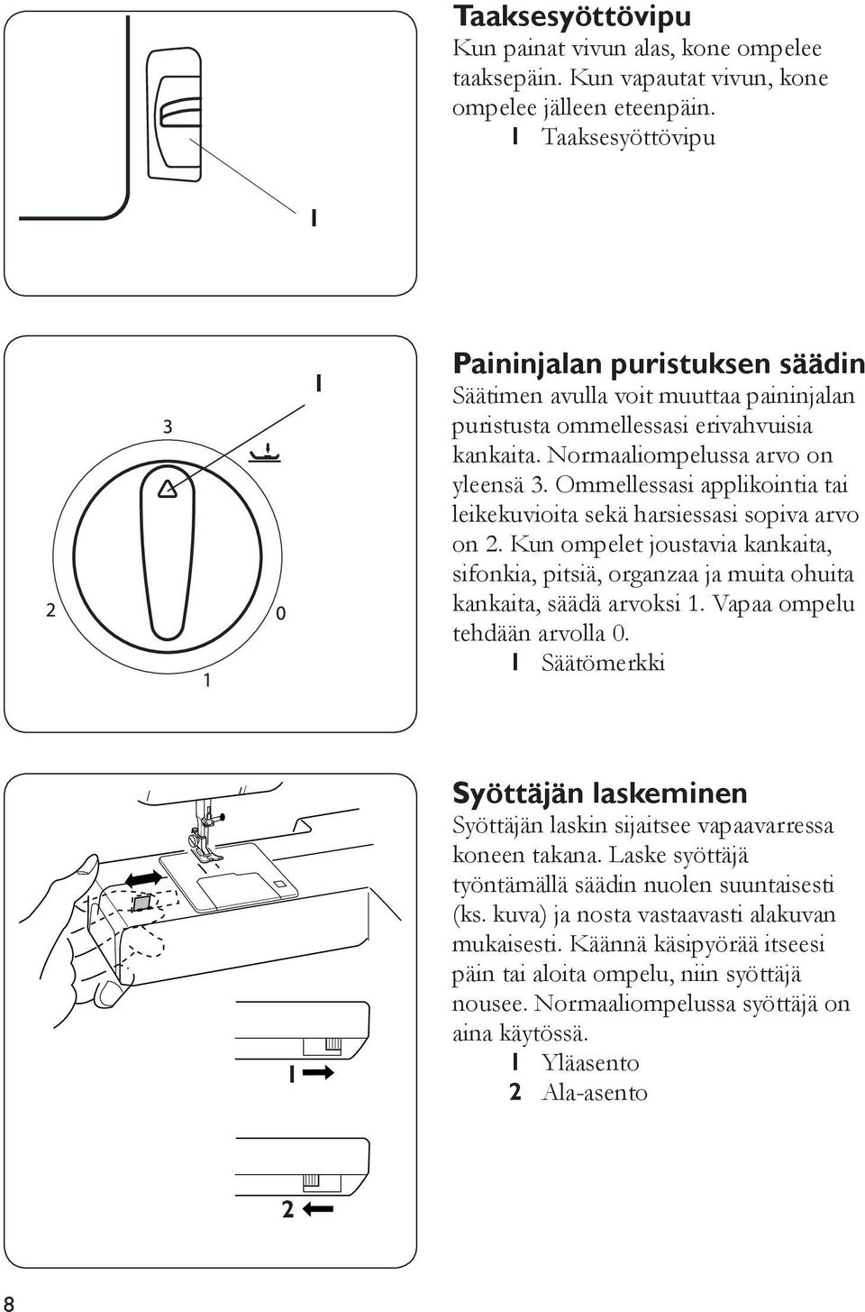 Ommellessasi applikointia tai leikekuvioita sekä harsiessasi sopiva arvo on. Kun ompelet joustavia kankaita, sifonkia, pitsiä, organzaa ja muita ohuita kankaita, säädä arvoksi.