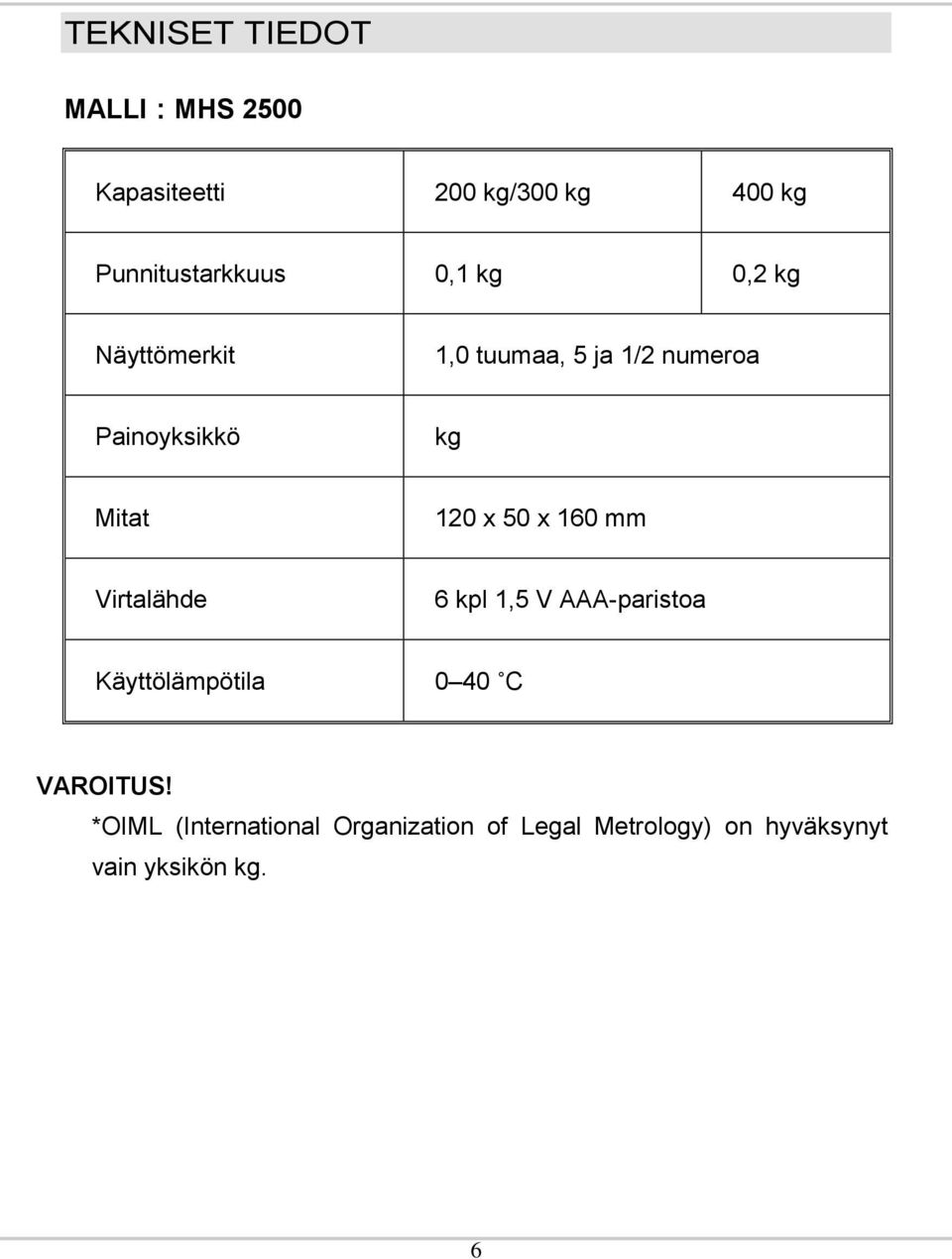 50 x 160 mm Virtalähde 6 kpl 1,5 V AAA-paristoa Käyttölämpötila 0 40 C VAROITUS!