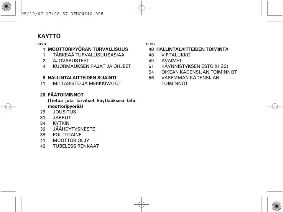 AVAIMET 51 KÄYNNISTYKSEN ESTO (HISS) 54 OIKEAN KÄDENSIJAN TOIMINNOT 56 VASEMMAN KÄDENSIJAN TOIMINNOT 26 26 31 34 36 38 41 42