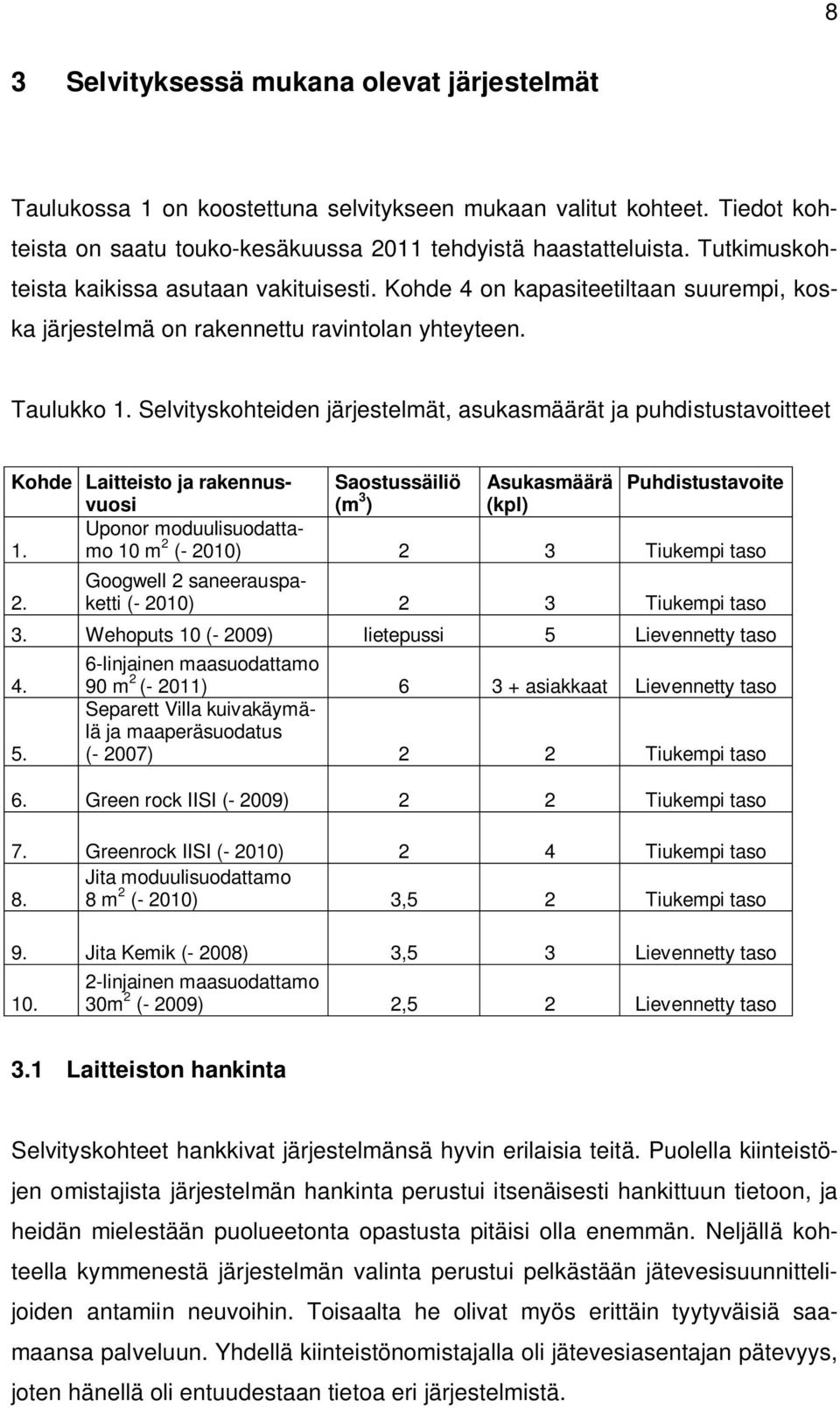 Selvityskohteiden järjestelmät, asukasmäärät ja puhdistustavoitteet Kohde Laitteisto ja rakennusvuosi 1. 2.