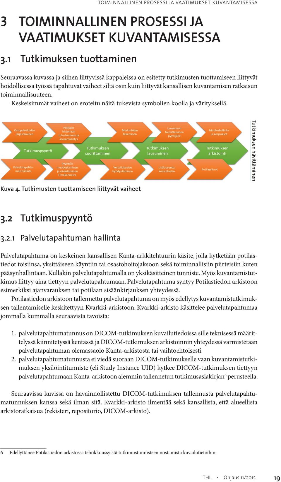 kansallisen kuvantamisen ratkaisun toiminnallisuuteen. Keskeisimmät vaiheet on eroteltu näitä tukevista symbolien koolla ja värityksellä. Kuva 4. Tutkimusten tuottamiseen liittyvät vaiheet 3.