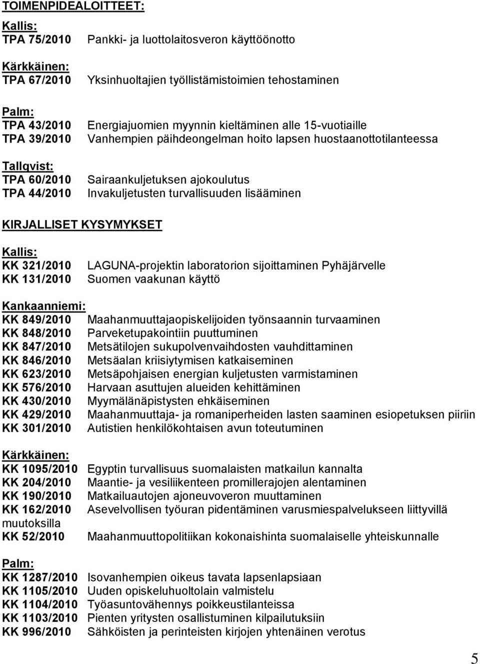 turvallisuuden lisääminen KIRJALLISET KYSYMYKSET Kallis: KK 321/2010 KK 131/2010 LAGUNA-projektin laboratorion sijoittaminen Pyhäjärvelle Suomen vaakunan käyttö Kankaanniemi: KK 849/2010