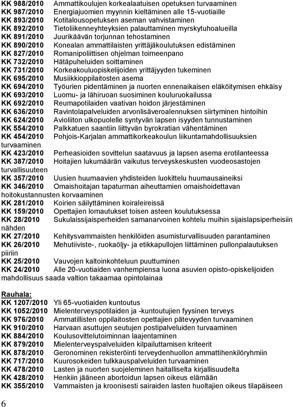 Romanipoliittisen ohjelman toimeenpano KK 732/2010 Hätäpuheluiden soittaminen KK 731/2010 Korkeakouluopiskelijoiden yrittäjyyden tukeminen KK 695/2010 Musiikkioppilaitosten asema KK 694/2010 Työurien