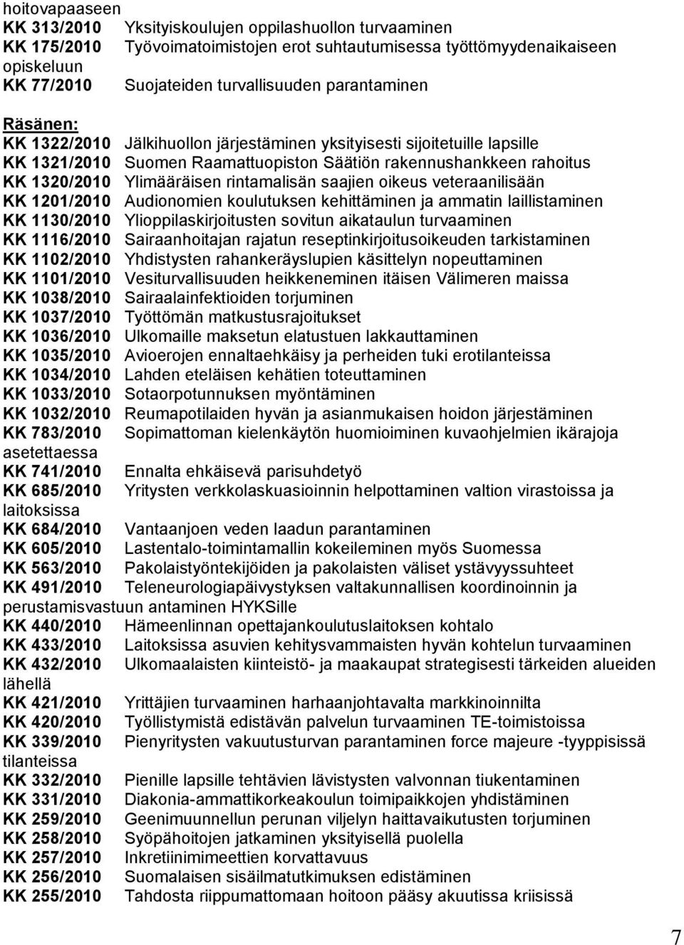 rintamalisän saajien oikeus veteraanilisään KK 1201/2010 Audionomien koulutuksen kehittäminen ja ammatin laillistaminen KK 1130/2010 Ylioppilaskirjoitusten sovitun aikataulun turvaaminen KK 1116/2010