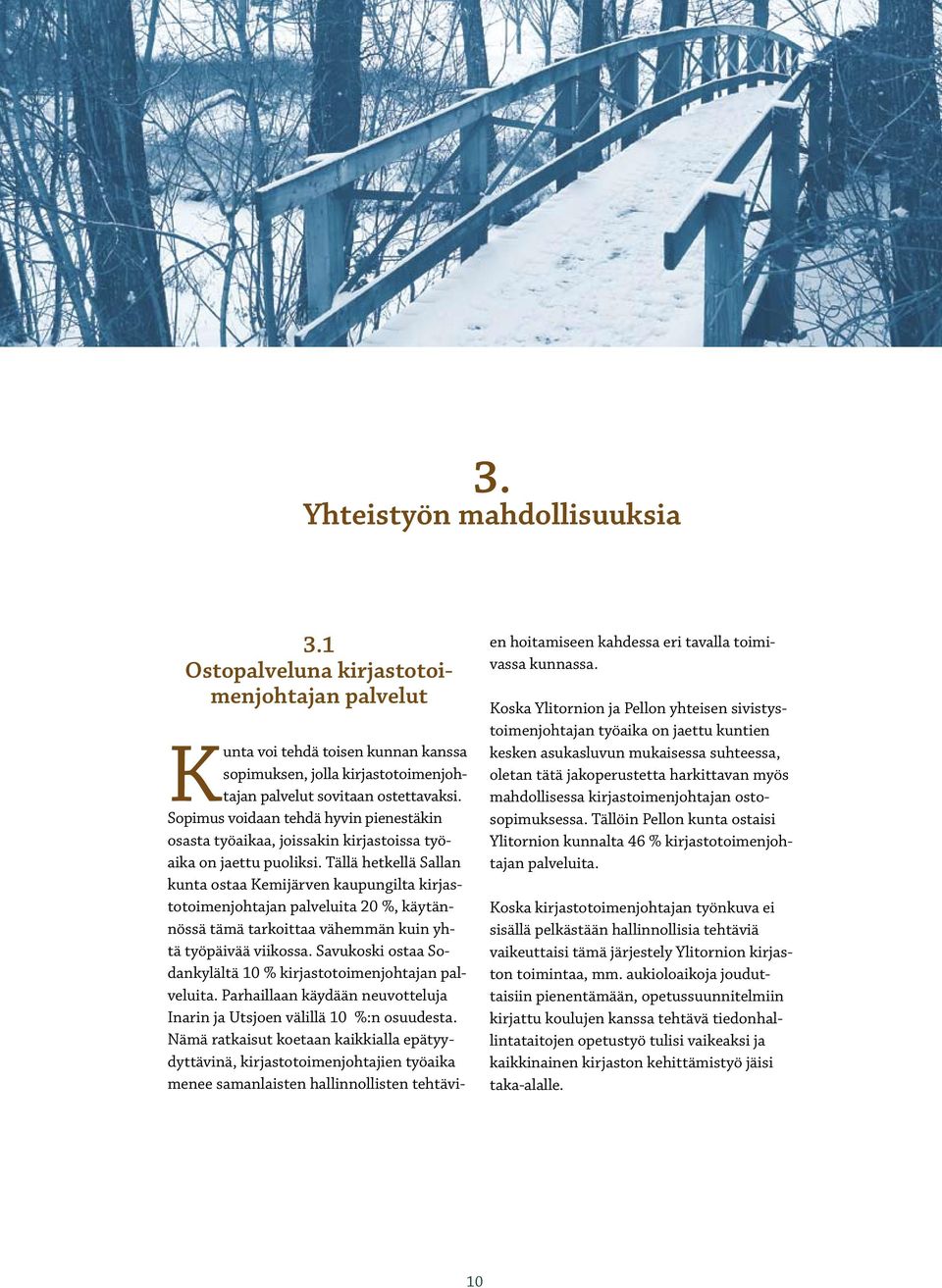 Tällä hetkellä Sallan kunta ostaa Kemijärven kaupungilta kirjastotoimenjohtajan palveluita 20 %, käytännössä tämä tarkoittaa vähemmän kuin yhtä työpäivää viikossa.