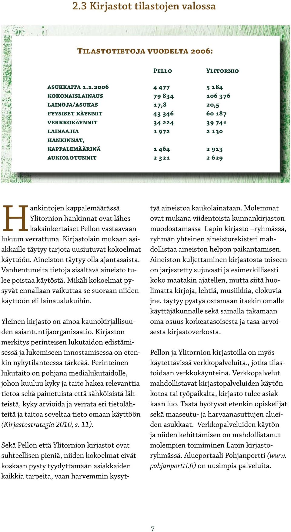 aukiolotunnit 2 321 2 629 Hankintojen kappalemäärässä Ylitornion hankinnat ovat lähes kaksinkertaiset Pellon vastaavaan lukuun verrattuna.