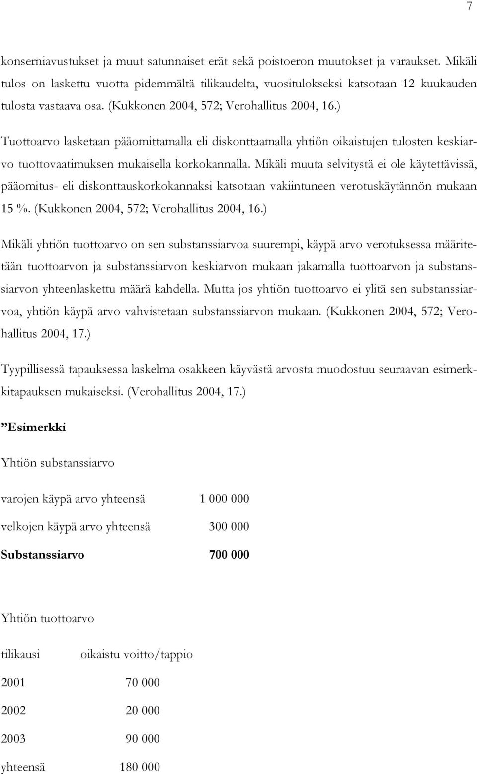 ) Tuottoarvo lasketaan pääomittamalla eli diskonttaamalla yhtiön oikaistujen tulosten keskiarvo tuottovaatimuksen mukaisella korkokannalla.