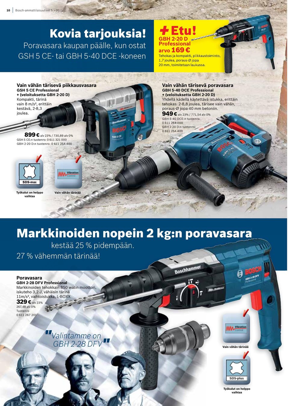 Vain vähän tärisevä piikkausvasara GSH 5 CE + (veloituksetta GBH 2-20 D) Kompakti, tärinä vain 8 m/s², erittäin kestävä, 2-8,3 joulea.