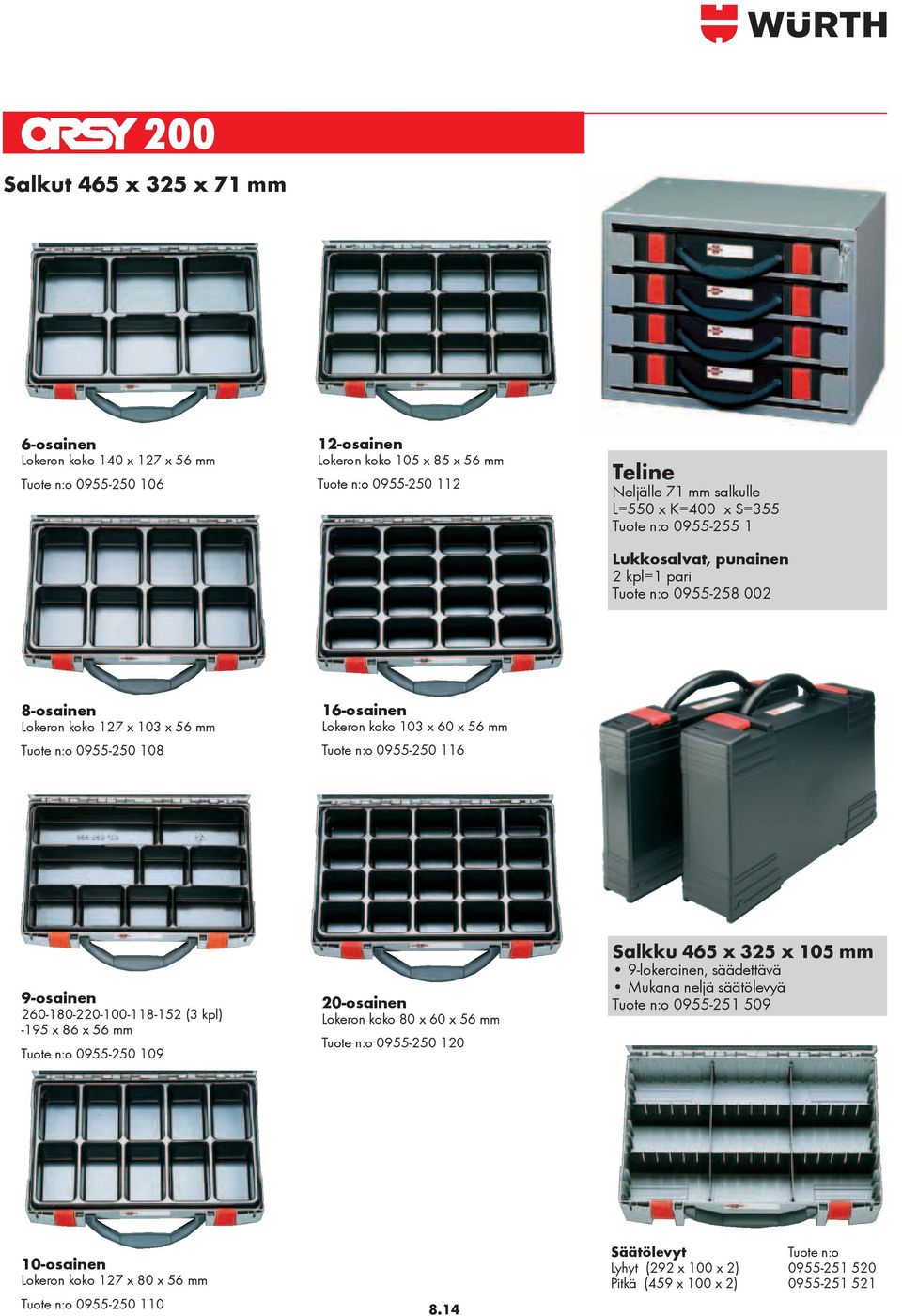 Tuote n:o 0955-250 116 9-osainen 260-180-220-100-118-152 (3 kpl) -195 x 86 x 56 mm Tuote n:o 0955-250 109 20-osainen Lokeron koko 80 x 60 x 56 mm Tuote n:o 0955-250 120 Salkku 465 x 325 x 105 mm