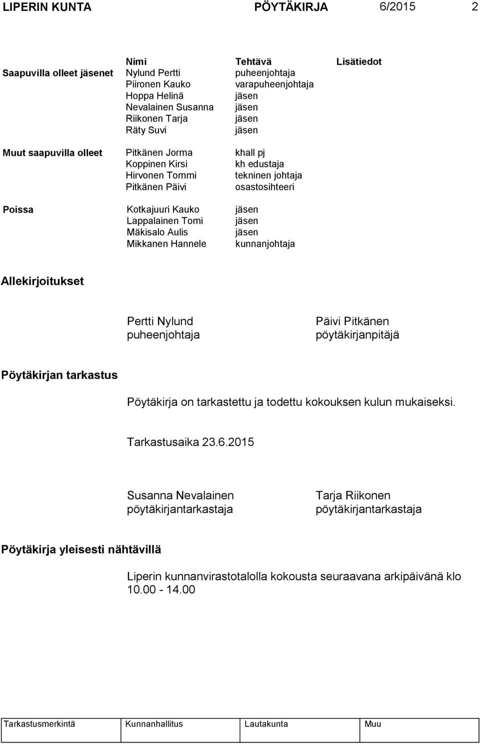 Lappalainen Tomi jäsen Mäkisalo Aulis jäsen Mikkanen Hannele kunnanjohtaja Allekirjoitukset Pertti Nylund puheenjohtaja Päivi Pitkänen pöytäkirjanpitäjä Pöytäkirjan tarkastus Pöytäkirja on
