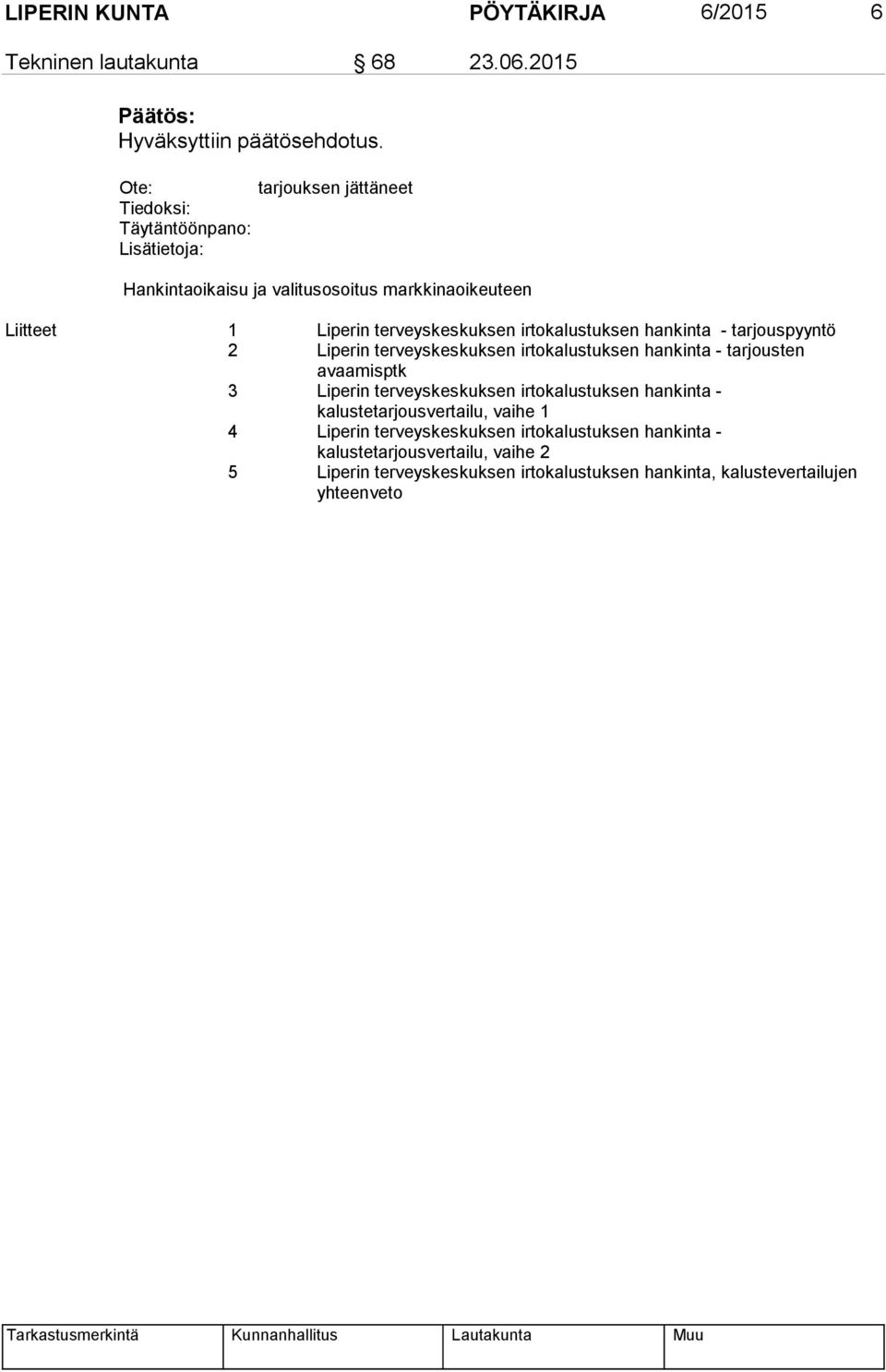 irtokalustuksen hankinta - tarjouspyyntö 2 Liperin terveyskeskuksen irtokalustuksen hankinta - tarjousten avaamisptk 3 Liperin terveyskeskuksen