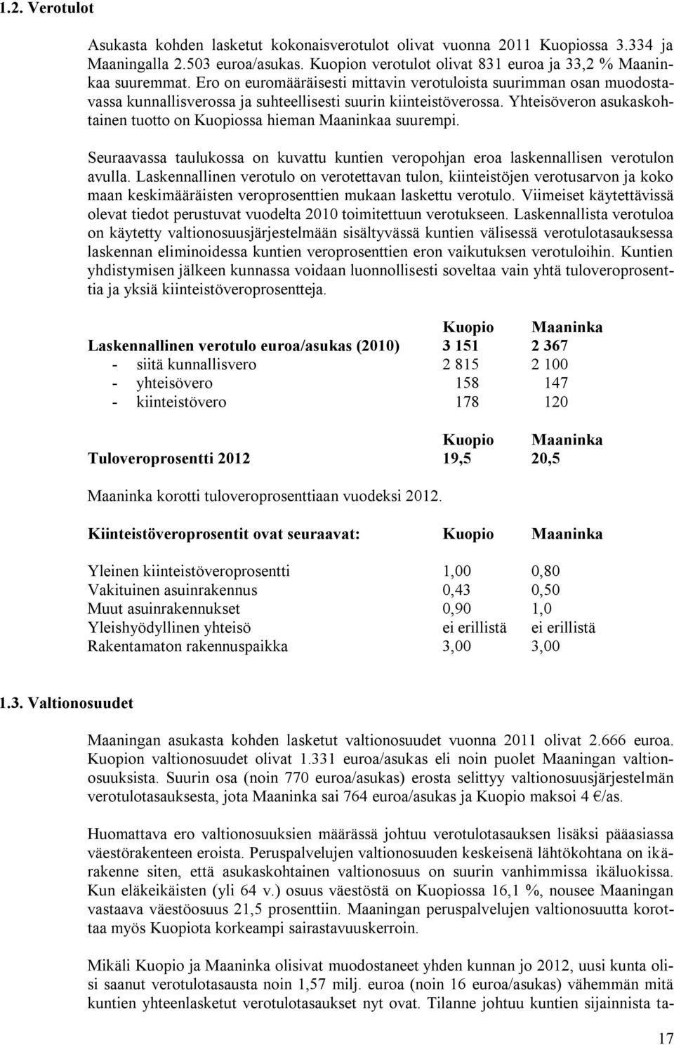 Yhteisöveron asukaskohtainen tuotto on Kuopiossa hieman Maaninkaa suurempi. Seuraavassa taulukossa on kuvattu kuntien veropohjan eroa laskennallisen verotulon avulla.