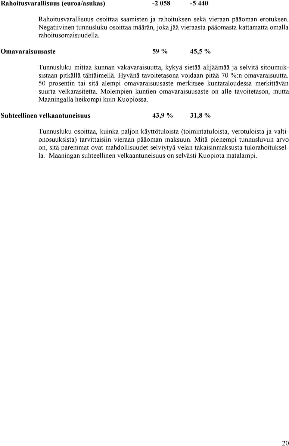 Omavaraisuusaste 59 % 45,5 % Tunnusluku mittaa kunnan vakavaraisuutta, kykyä sietää alijäämää ja selvitä sitoumuksistaan pitkällä tähtäimellä. Hyvänä tavoitetasona voidaan pitää 70 %:n omavaraisuutta.