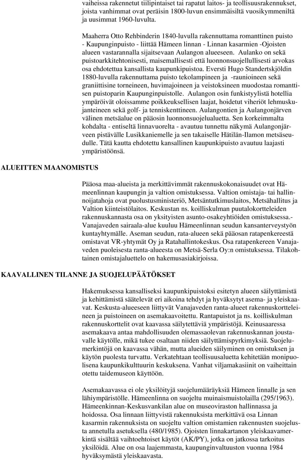 Maaherra Otto Rehbinderin 1840-luvulla rakennuttama romanttinen puisto - Kaupunginpuisto - liittää Hämeen linnan - Linnan kasarmien -Ojoisten alueen vastarannalla sijaitsevaan Aulangon alueeseen.