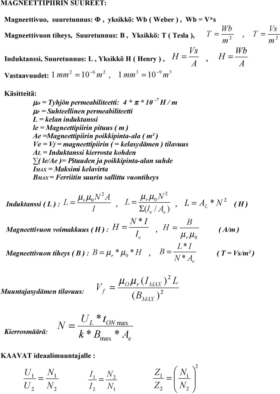 tilavuus A nduktanssi kiosta kohdn ( l/a Pituudn ja poikkipinta-alan suhd MAX Maksimi klavita BMAX Fiitin suuin sallittu vuontihys nduktanssi ( : 0 l A, Magnttivuon voimakkuus ( H : Magnttivuon