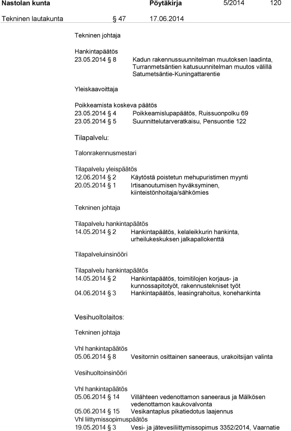 2014 4 Poikkeamislupapäätös, Ruissuonpolku 69 23.05.2014 5 Suunnittelutarveratkaisu, Pensuontie 122 Tilapalvelu: Talonrakennusmestari Tilapalvelu yleispäätös 12.06.
