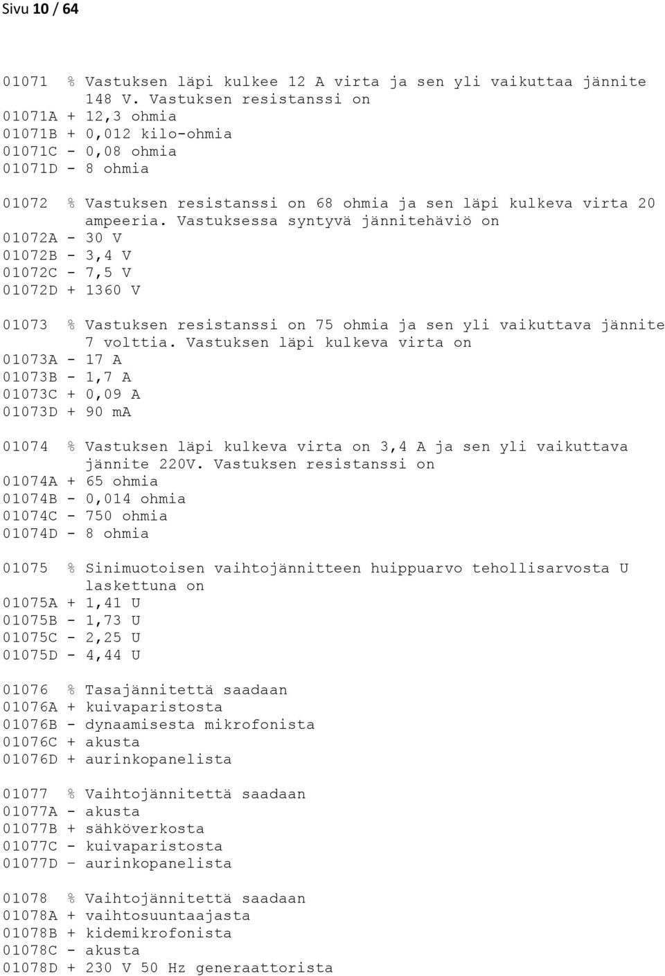 Vastuksessa syntyvä jännitehäviö on 01072A - 30 V 01072B - 3,4 V 01072C - 7,5 V 01072D + 1360 V 01073 % Vastuksen resistanssi on 75 ohmia ja sen yli vaikuttava jännite 7 volttia.