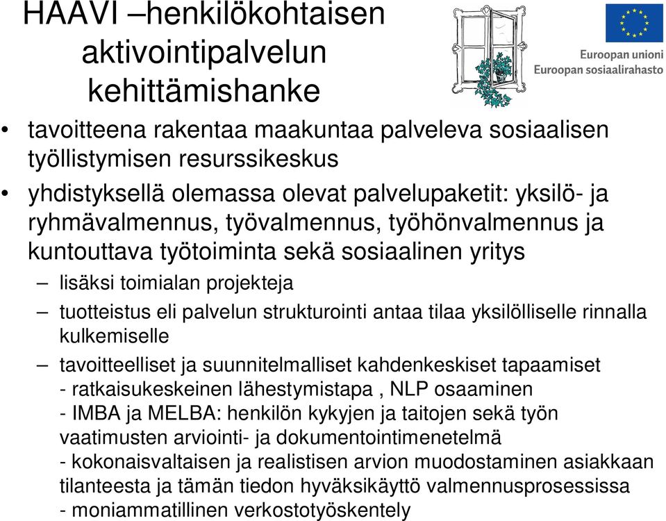 rinnalla kulkemiselle tavoitteelliset ja suunnitelmalliset kahdenkeskiset tapaamiset - ratkaisukeskeinen lähestymistapa, NLP osaaminen - IMBA ja MELBA: henkilön kykyjen ja taitojen sekä työn