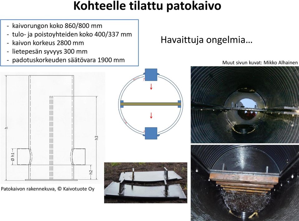 ongelmia - lietepesän syvyys 300 mm - padotuskorkeuden säätövara 1900