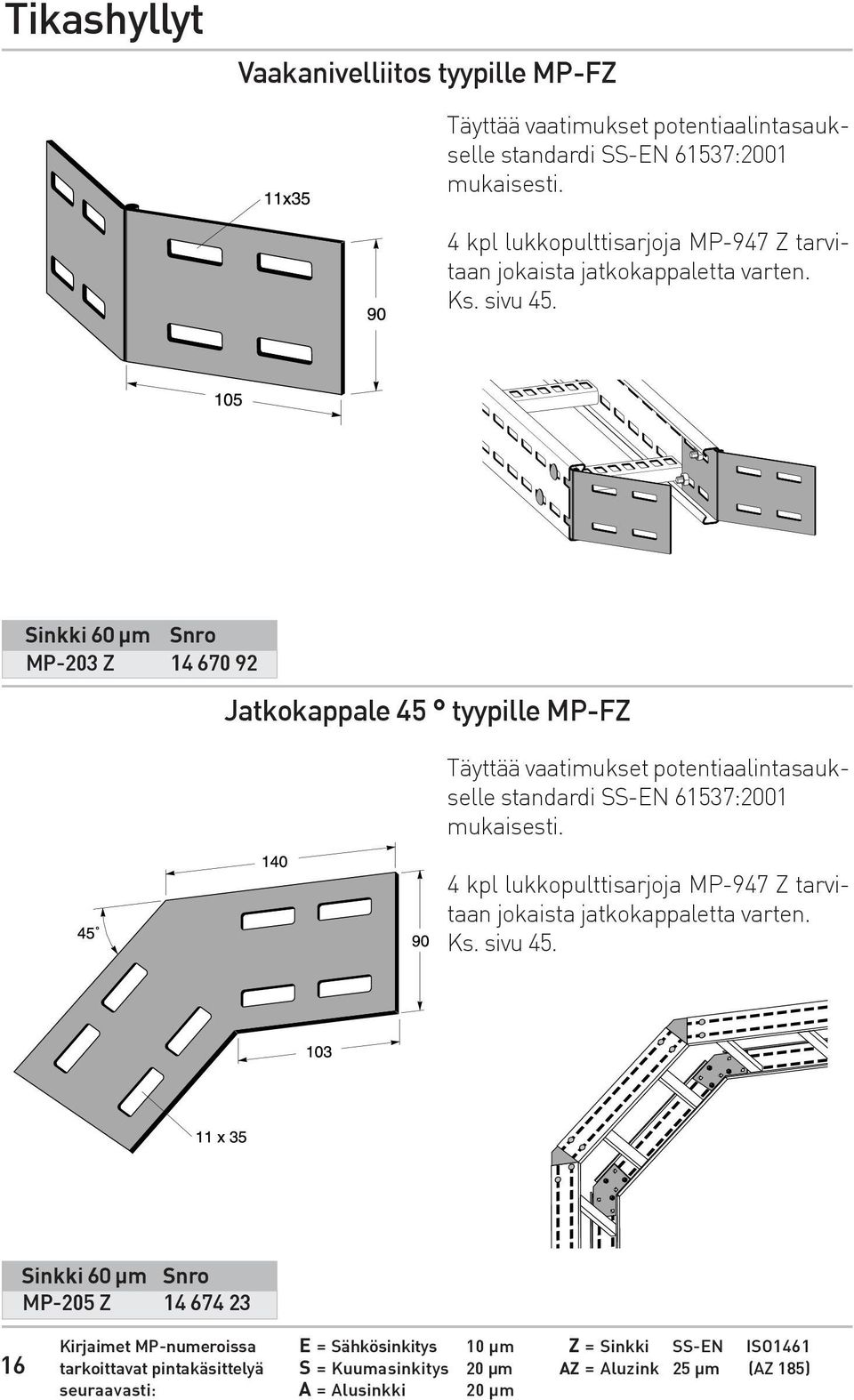 Sinkki 60 µm Snro MP-203 Z 14 670 92 Jatkokappale 45 tyypille MP-FZ Täyttää vaatimukset potentiaalintasaukselle standardi SS-EN 61537:2001 mukaisesti.