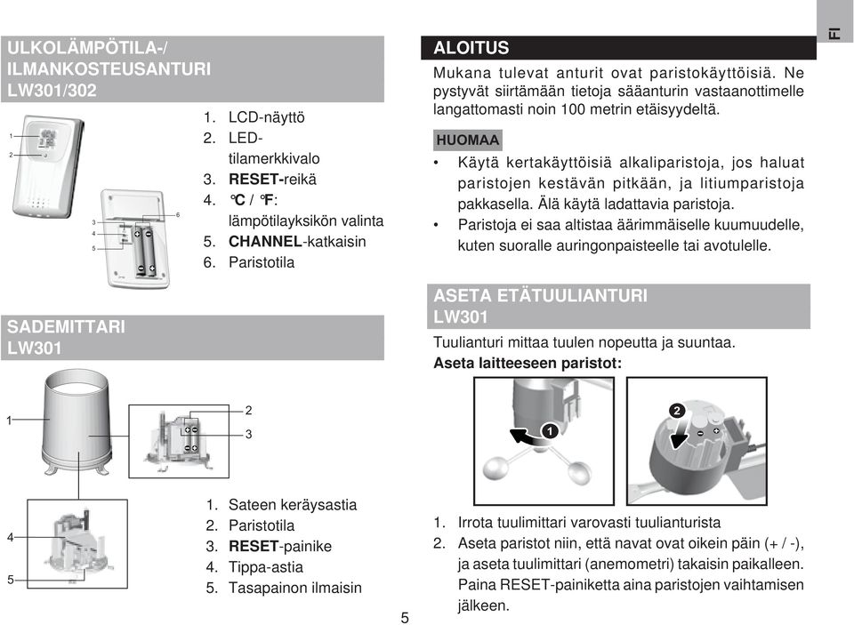 HUOMAA Käytä kertakäyttöisiä alkaliparistoja, jos haluat paristojen kestävän pitkään, ja litiumparistoja pakkasella. Älä käytä ladattavia paristoja.